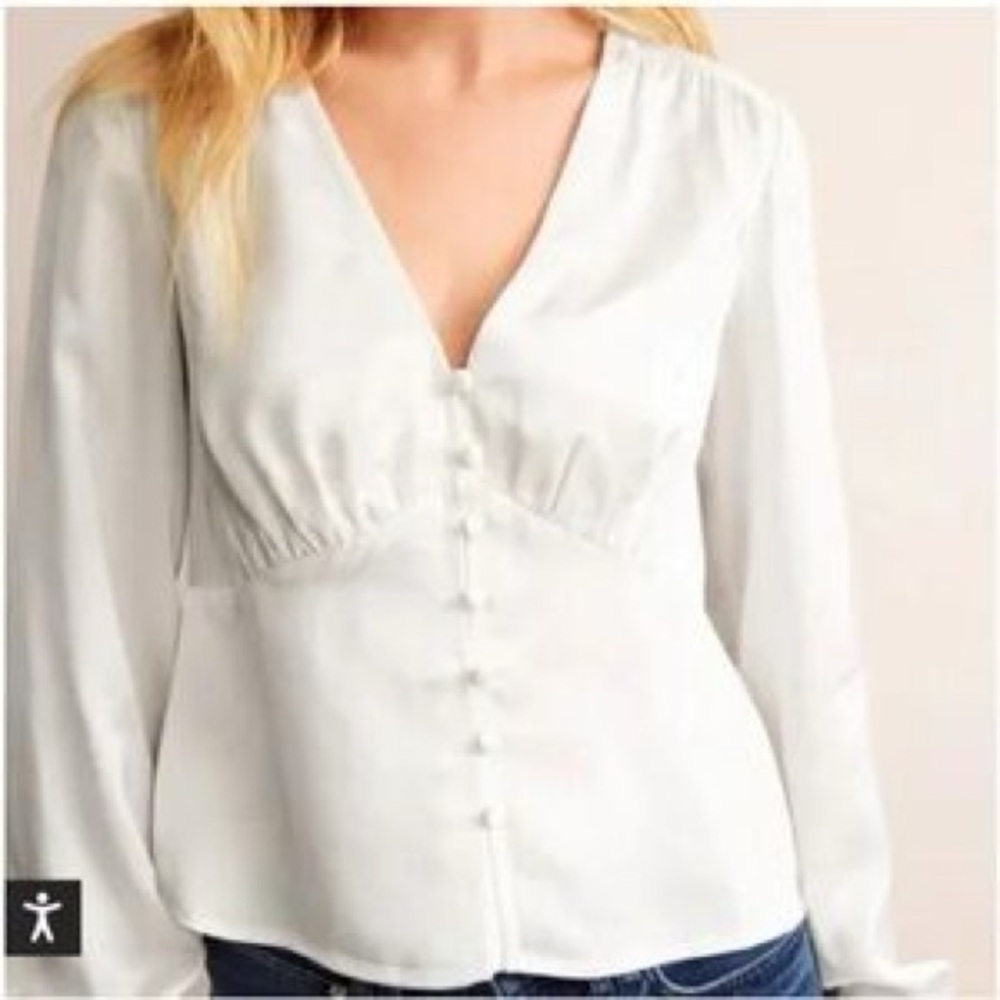 Boden White V-Neck Button Front Blouse